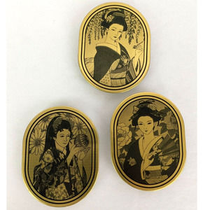 Set 3 Geisha Girl Japanese Fridge Magnet Black Gold Metal Artwork Print Vintage